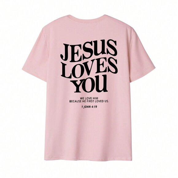 Pink Casual Women's Jesus Loves You Round Neck Short Sleeved T-Shirt - Picture 2 of 4